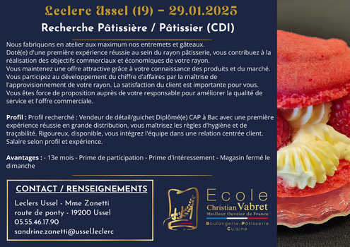 Recherche pâtissier / pâtissière en CDI - Leclerc Ussel (19)